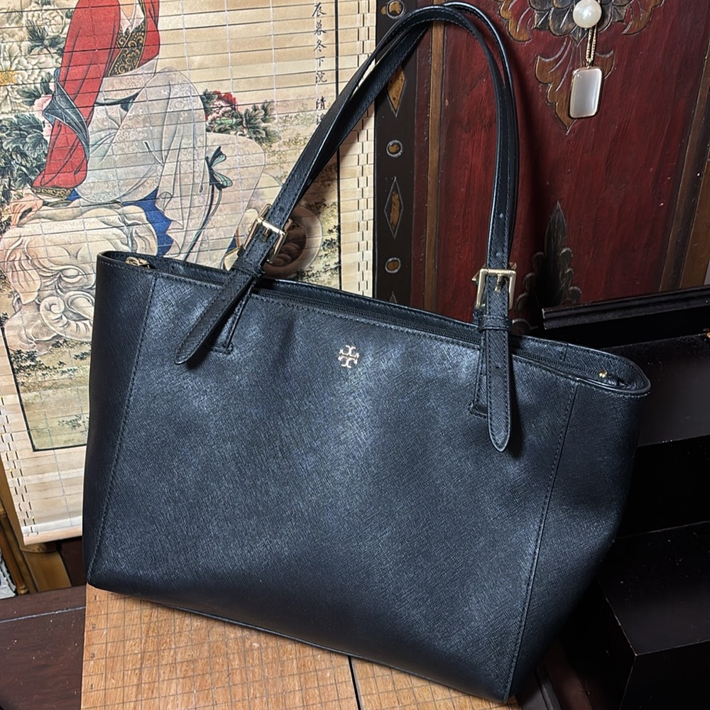 Tory Burch Black Tote Bag Gold Buckle Trim 11.5”Lx8.5”Hx4”W VGUC